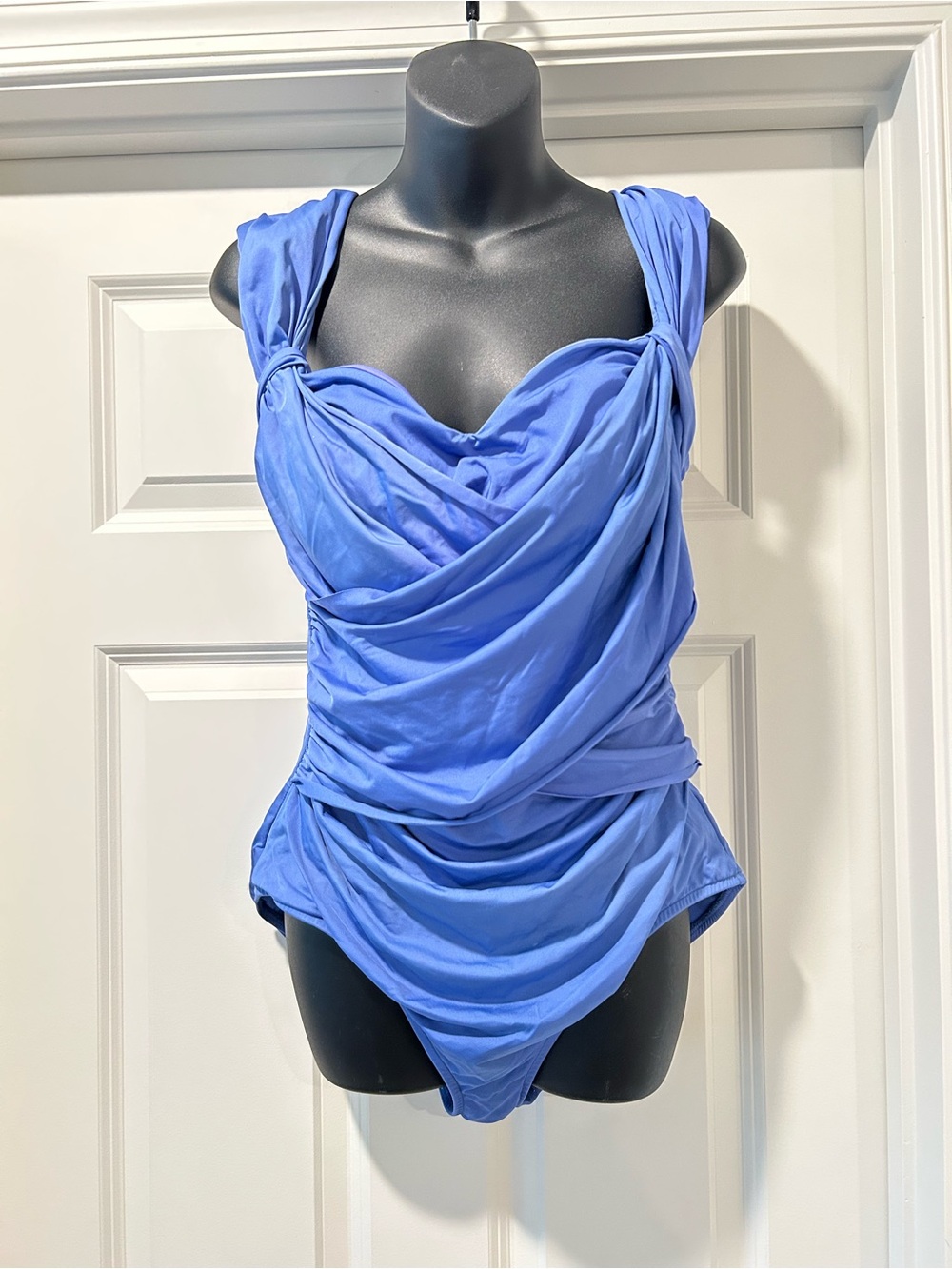 Badgley Mischka Draped One-Piece Swimsuit in Periwinkle Blue